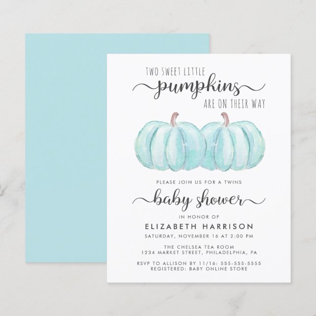 Pumpkin Blue Twin Baby Boys Shower Invitation (Front/Back)