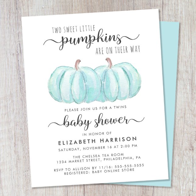 Pumpkin Blue Twin Baby Boys Shower Invitation (Celebrate the upcoming arrival of your autumn twin baby boys with a pumpkin-themed baby shower)