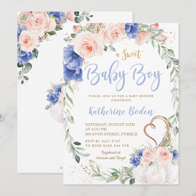 Pumpkin Blush Blue Floral Wreath Boy Baby Shower  Invitation (Front/Back)
