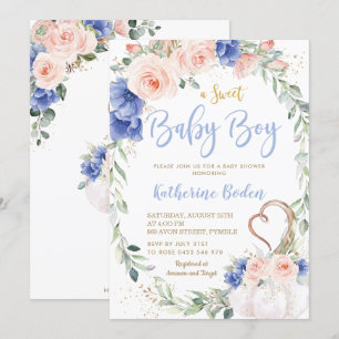 Pumpkin Blush Blue Floral Wreath Boy Baby Shower  Invitation