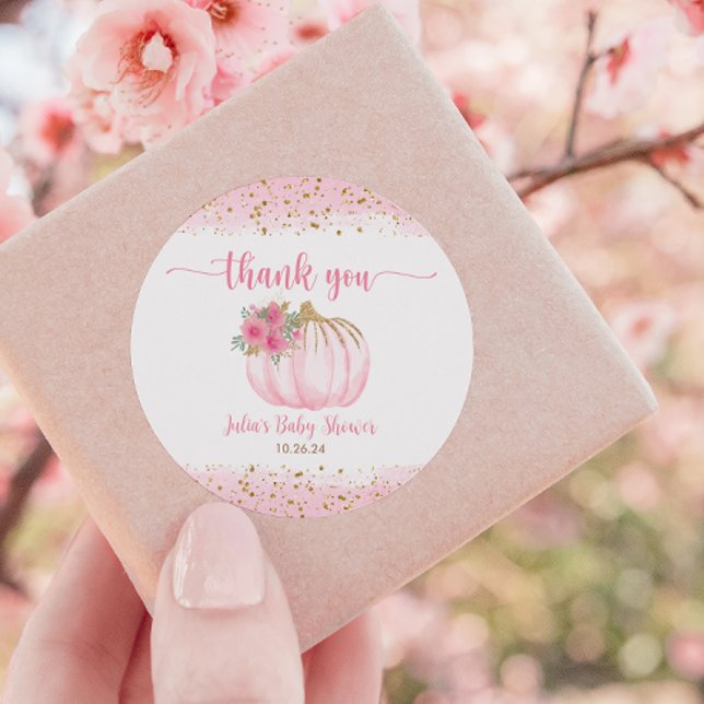 Pumpkin Blush Pink Gold Baby Girl Shower Favour Classic Round Sticker (Creator Uploaded)