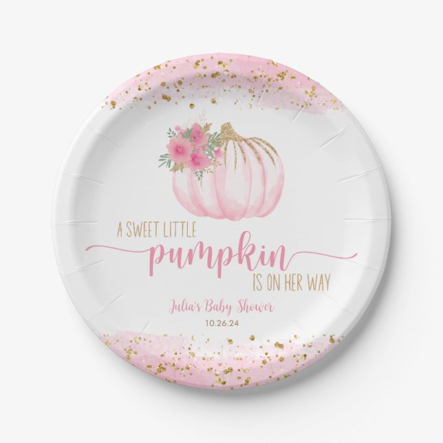 Pumpkin Blush Pink Gold Baby Girl Shower Favour Paper Plate (Front)