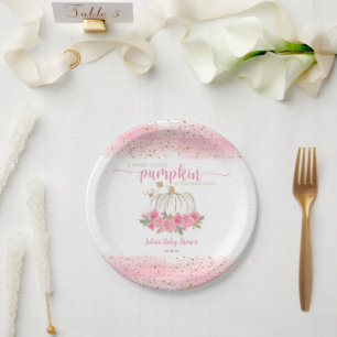 Pumpkin Blush Pink Gold Baby Girl Shower Favour Paper Plate