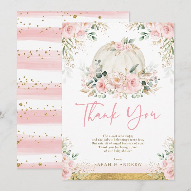 Pumpkin Blush Pink Gold Floral Fall Baby Shower Thank You Card (Front/Back)