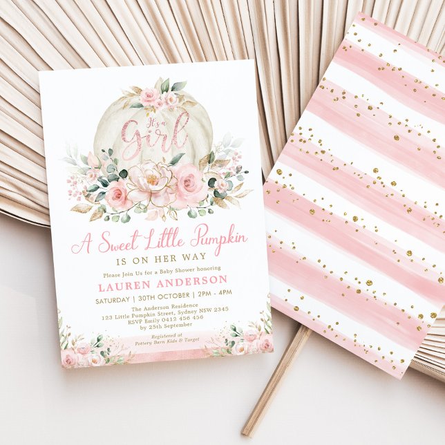Pumpkin Blush Rose Gold Floral Girl Baby Shower Invitation (Creator Uploaded)