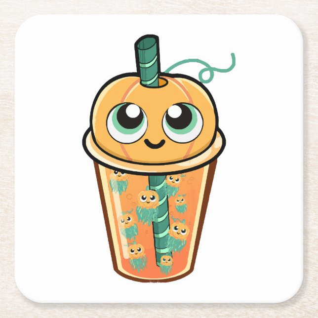 Pumpkin Boba Jellyfish Square Paper Coaster (Front)