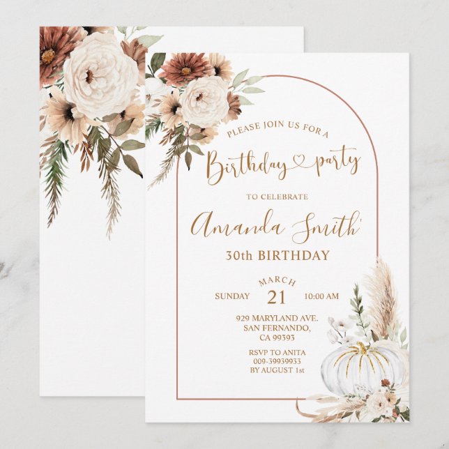 Pumpkin Boho Arch Birthday 30th Dinner Party Invitation (Front/Back)