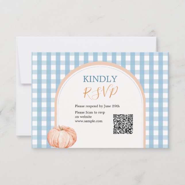 Pumpkin Boho Blue Gingham 1st Birthday Rsvp Thank You Card (Front)