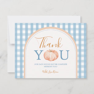 Pumpkin Boho Blue Gingham 1st Birthday Thank You Card