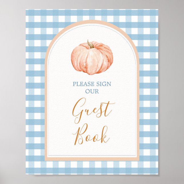 Pumpkin Boho Blue Gingham Guest Book Baby Shower (Front)