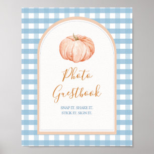 Pumpkin Boho Blue Gingham Photo Guestbook Sign