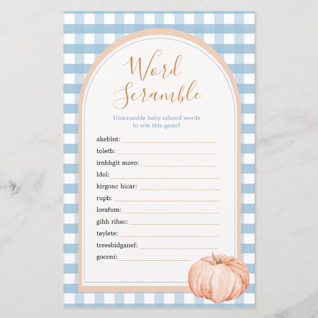 Pumpkin Boho Blue Gingham Word Scramble Game (Front)