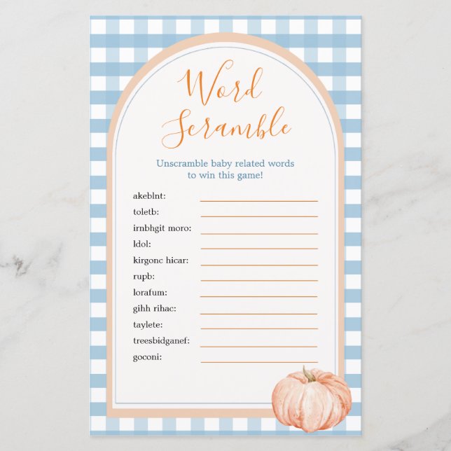 Pumpkin Boho Blue Gingham Word Scramble Game (Front)