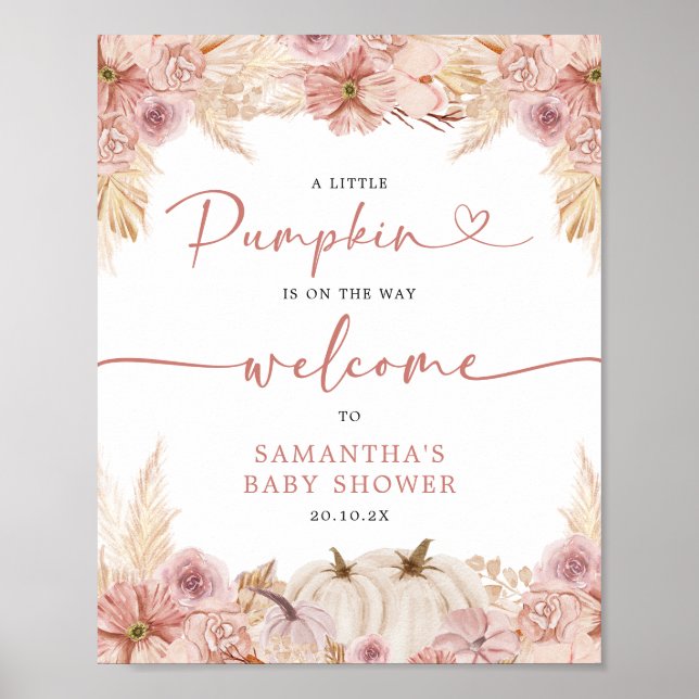 Pumpkin Boho Pink Pampas Grass Baby Shower Welcome Poster (Front)