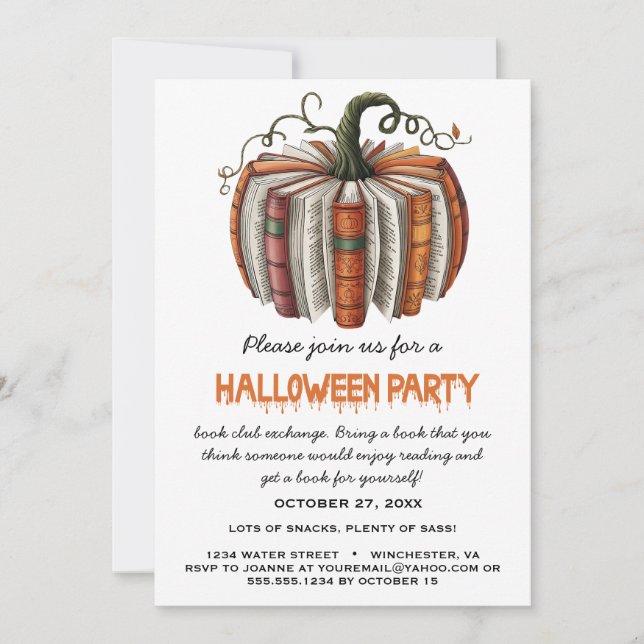 Pumpkin Book Club Exchange Halloween Party I Invitation (Front)