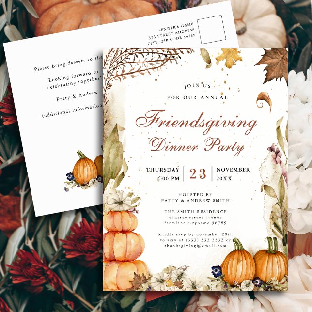 Pumpkin Botanical Autumn Friendsgiving Dinner Invitation Postcard (Creator Uploaded)