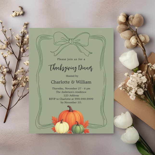 Pumpkin bow moss green Thanksgiving invitation (Creator Uploaded)