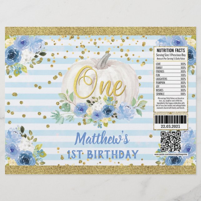 Pumpkin Boy 1st Birthday Blue Chip Bag Wrapper (Front)