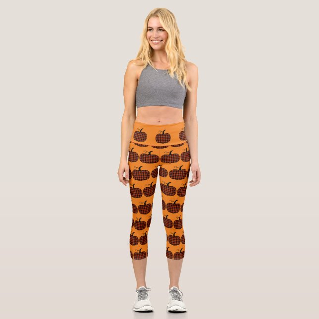 Pumpkin Buffalo Plaid Capri Leggings (Front)