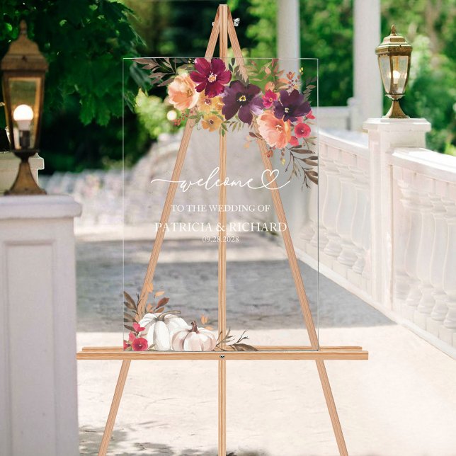  Pumpkin Burgundy Floral Fall Wedding Welcome Acrylic Sign (Creator Uploaded)