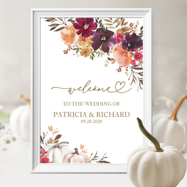  Pumpkin Burgundy Floral Fall Wedding Welcome Poster (Creator Uploaded)
