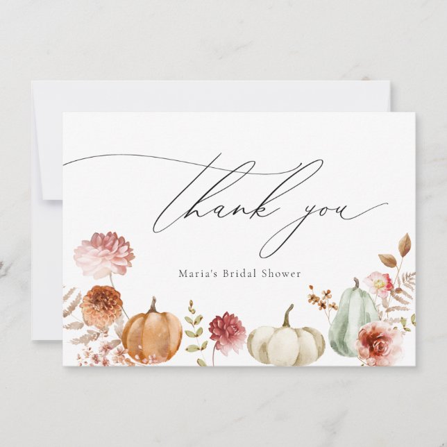 Pumpkin Burgundy Flowers Bridal Shower Thank You Card (Front)