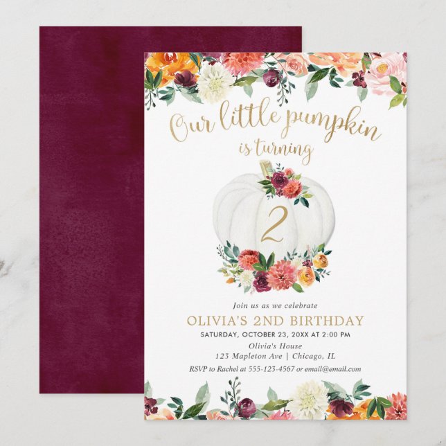 Pumpkin burgundy gold floral any age birthday invitation (Front/Back)