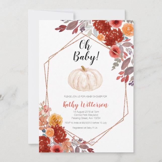 Pumpkin Burgundy Marsala Floral oh baby shower Invitation (Front)