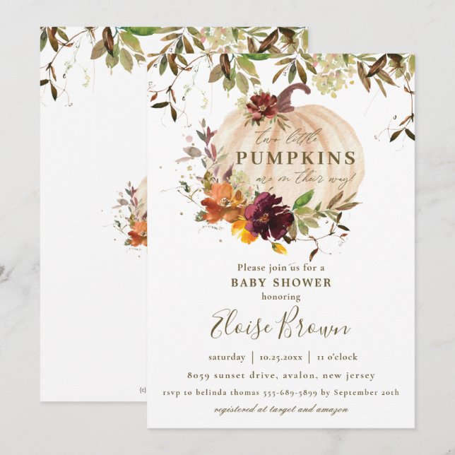 Pumpkin Burgundy Orange Floral Twins Baby Shower  Invitation (Front/Back)
