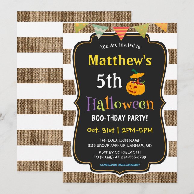 Pumpkin Burlap Halloween Kids Birthday Party Invitation (Front/Back)