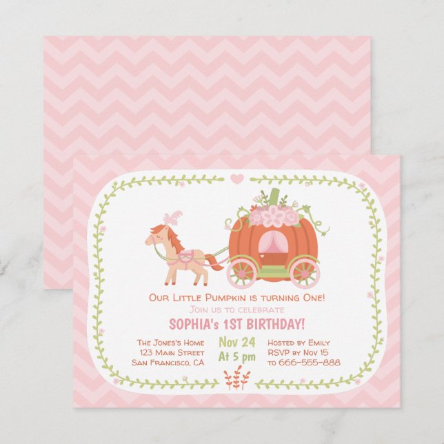 Pumpkin Carriage First Birthday Party Invitations (Front/Back)