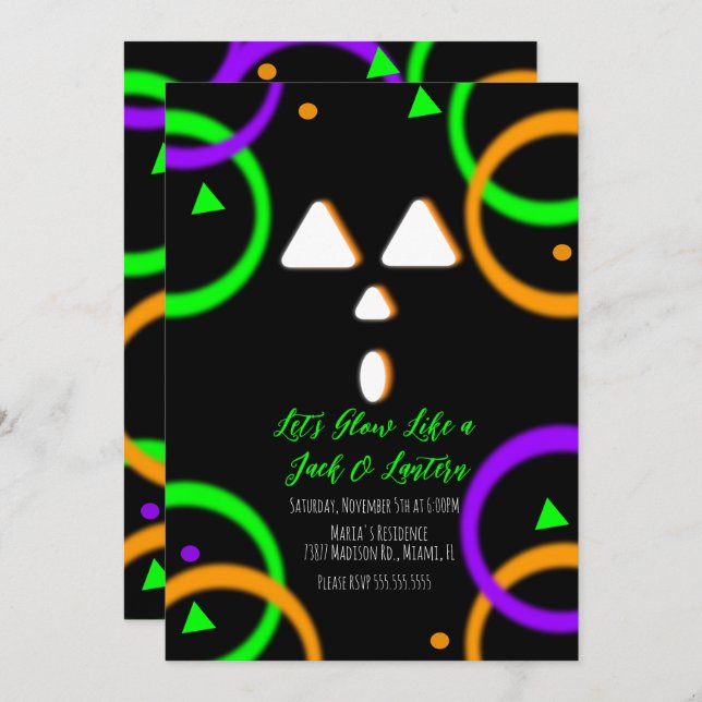 Pumpkin Carving Neon Glow Party Halloween Invitati Invitation (Front/Back)