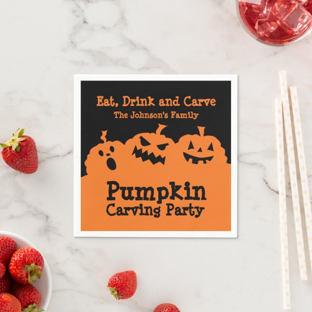 Pumpkin carving party orange black custom name napkin (Insitu)