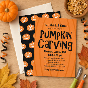 Pumpkin Carving Party Orange Black Halloween Invitation