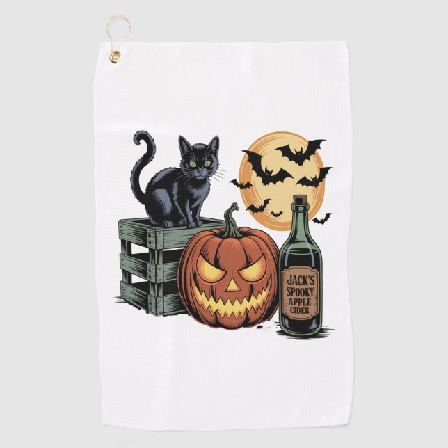 Pumpkin Cat Beer Halloween Golf Towel (Front)