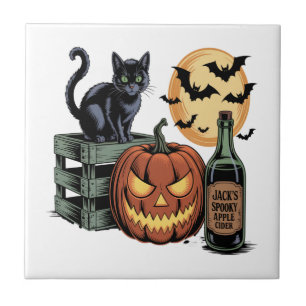 Pumpkin Cat Beer Halloween Tile