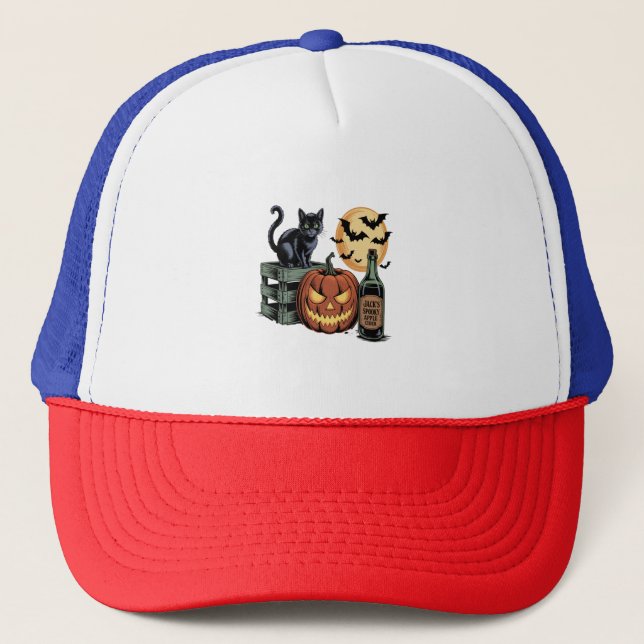Pumpkin Cat Beer Halloween Trucker Hat (Front)
