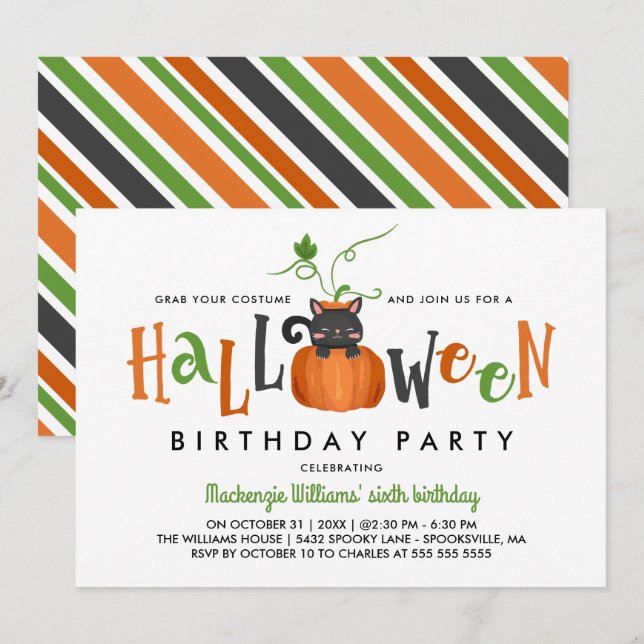 Pumpkin Cat - Halloween Birthday Party Invitation (Front/Back)