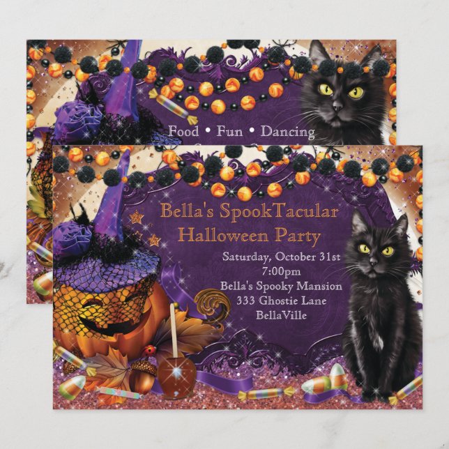 Pumpkin Cat Halloween Party Invitations (Front/Back)