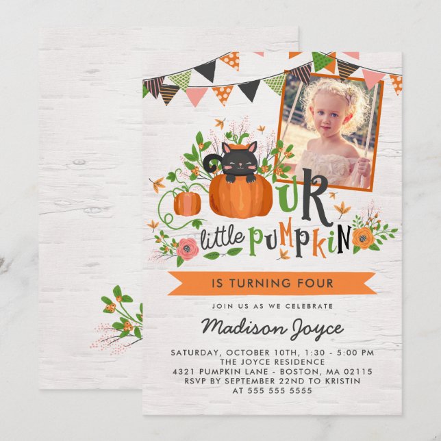 Pumpkin Cat - October Kids Birthday Party Photo Invitation (Front/Back)