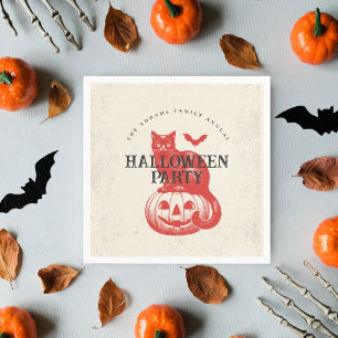 Pumpkin Cat Orange Red Vintage Halloween Party Napkin