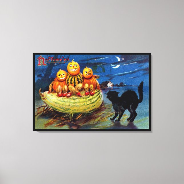 Pumpkin Characters and Black Cat Canvas Print (Front)
