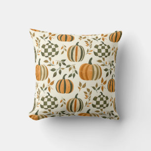 Pumpkin Chequered Fall Striped Orange Green Cushion