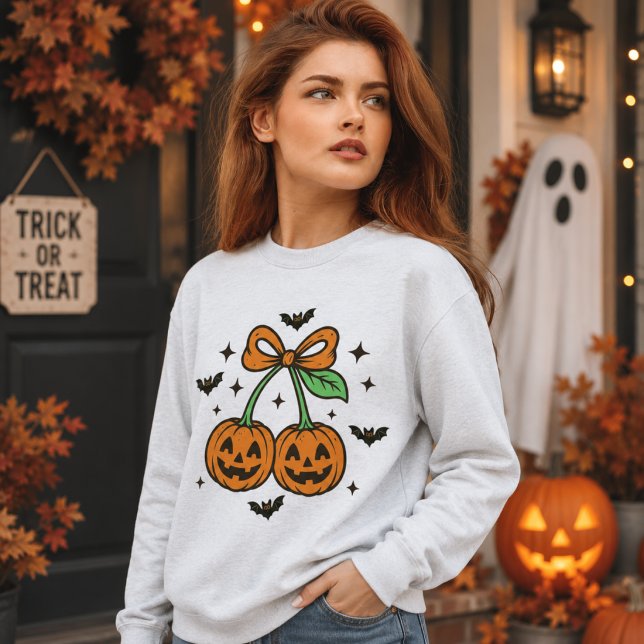 Pumpkin Cherries Bow Halloween Bats Graphic Sweatshirt (Creator Uploaded)