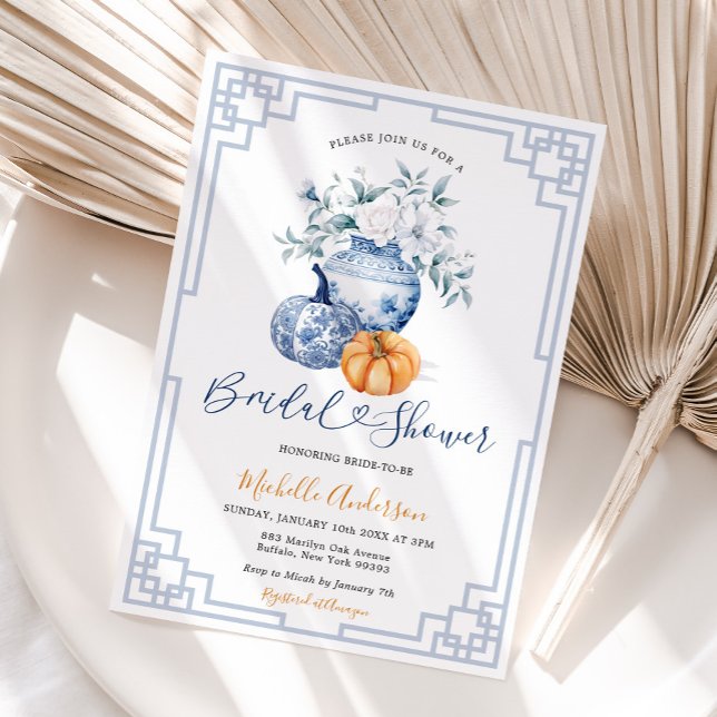 Pumpkin Chinoiserie White Floral Jar Bridal Shower Invitation (Creator Uploaded)