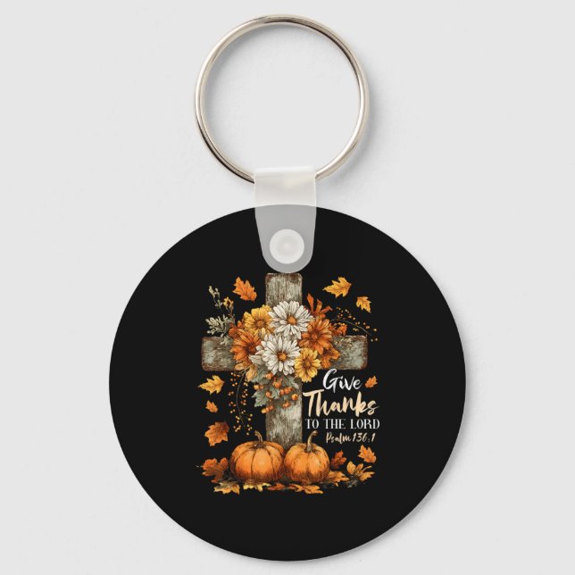 Pumpkin Christian Give Thanks To The Lord Floral F Key Ring (Front)
