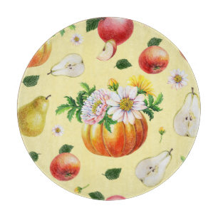 Pumpkin, chrysanthemum: autumn fruit illustration. cutting board