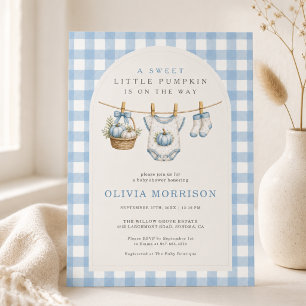 Pumpkin Clothesline Blue Gingham Boy Baby Shower Invitation