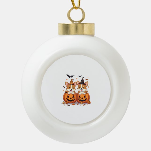 Pumpkin Corgi Party Ceramic Ball Christmas Ornament (Front)