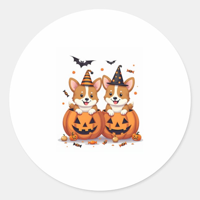 Pumpkin Corgi Party Classic Round Sticker (Front)